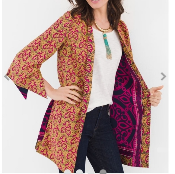 CHICOS Reversible Printed Kimono Size Pink Mustard Topper Open Front Small - Picture 4 of 4